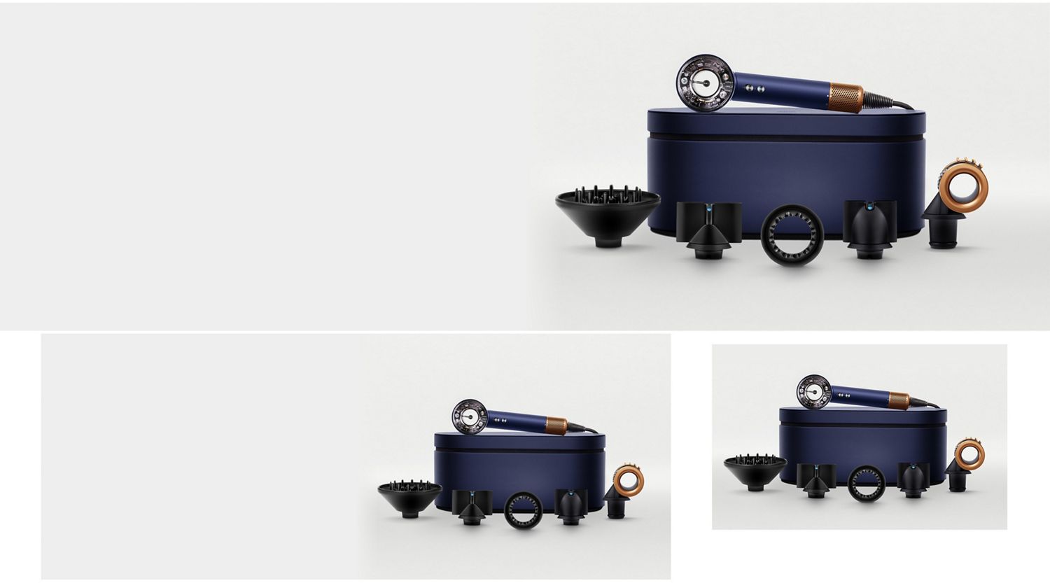 The Dyson Supersonic Nural hair dryer on a Presentation case behind a range of accessories.