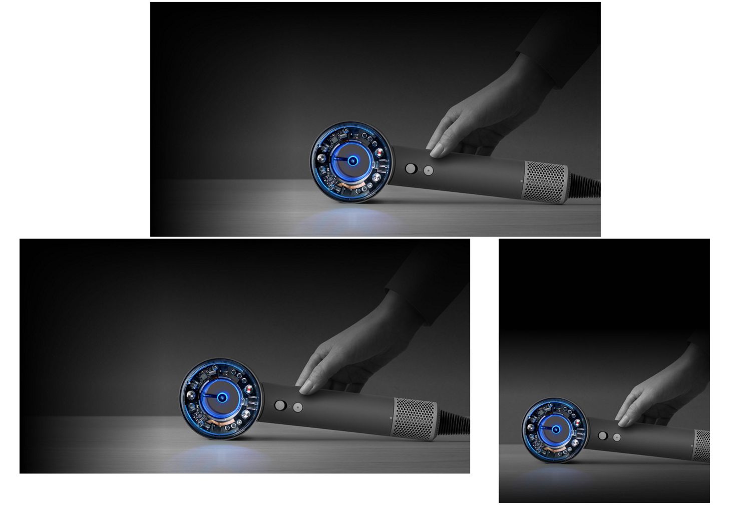 A Dyson Supersonic Nural hair dryer is put down on a table. A Dyson Supersonic Nural hair dryer is put down on a table.