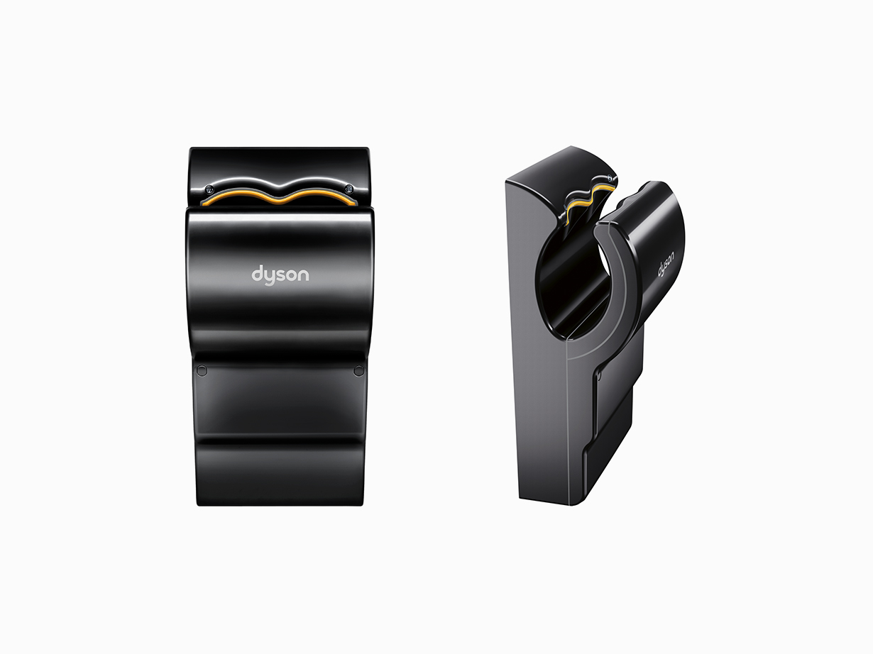 Der Dyson Airblade dB Händetrockner in Grau in der Vorder- und Seitenansicht