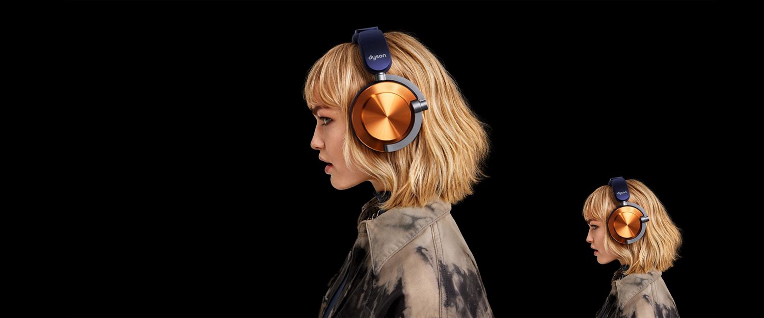 Side profile of a model wearing the Dyson OnTrac headphones.