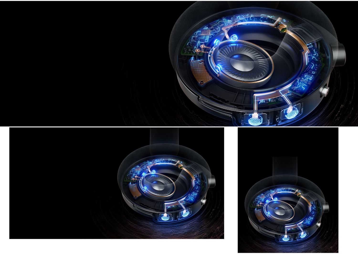 Dyson OnTrac wireless headphones cutaway showing the Active Noise Cancelling technology.