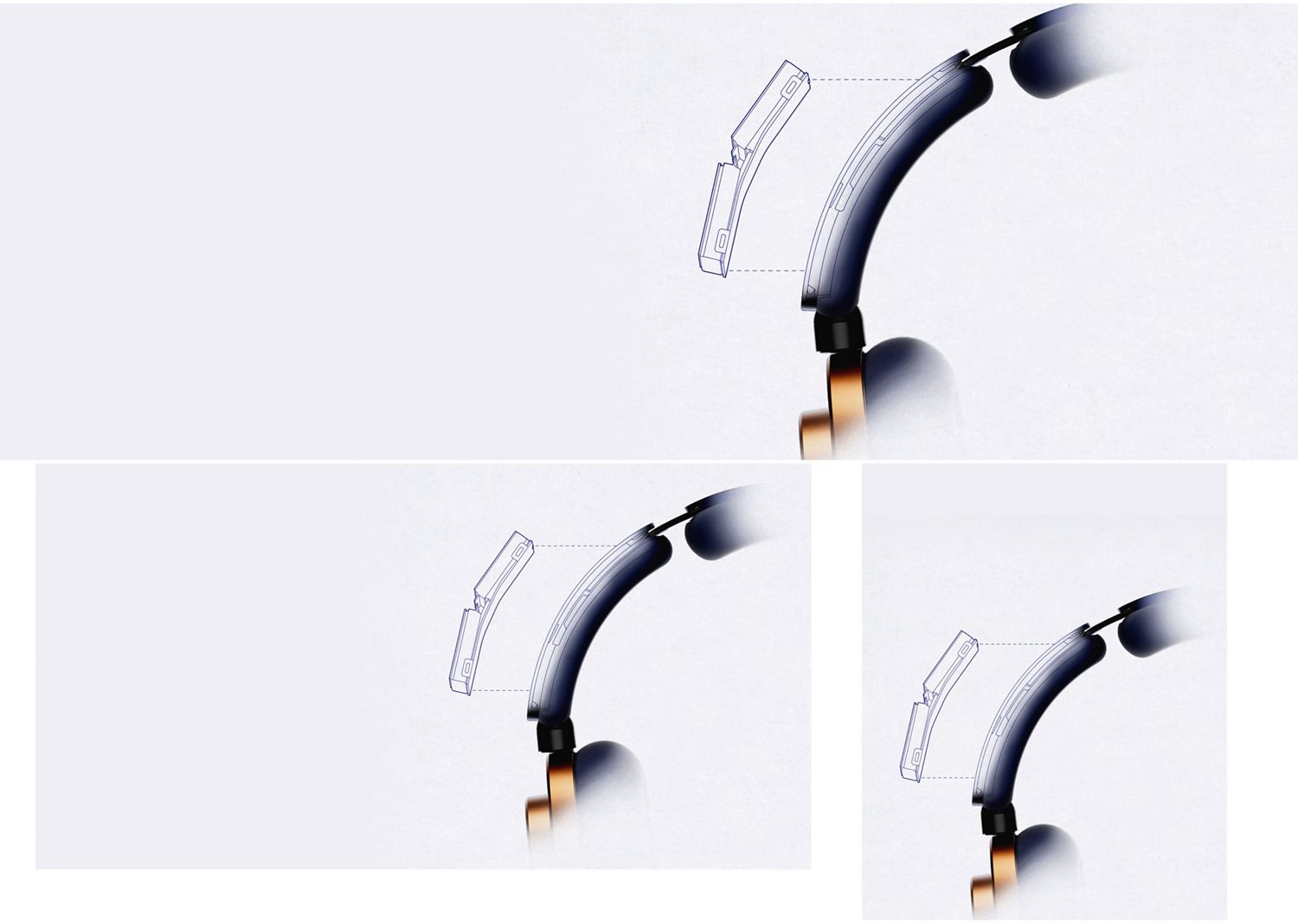 Dyson OnTrac headphones engineer sketch overlay showing the battery compartment in the headband.