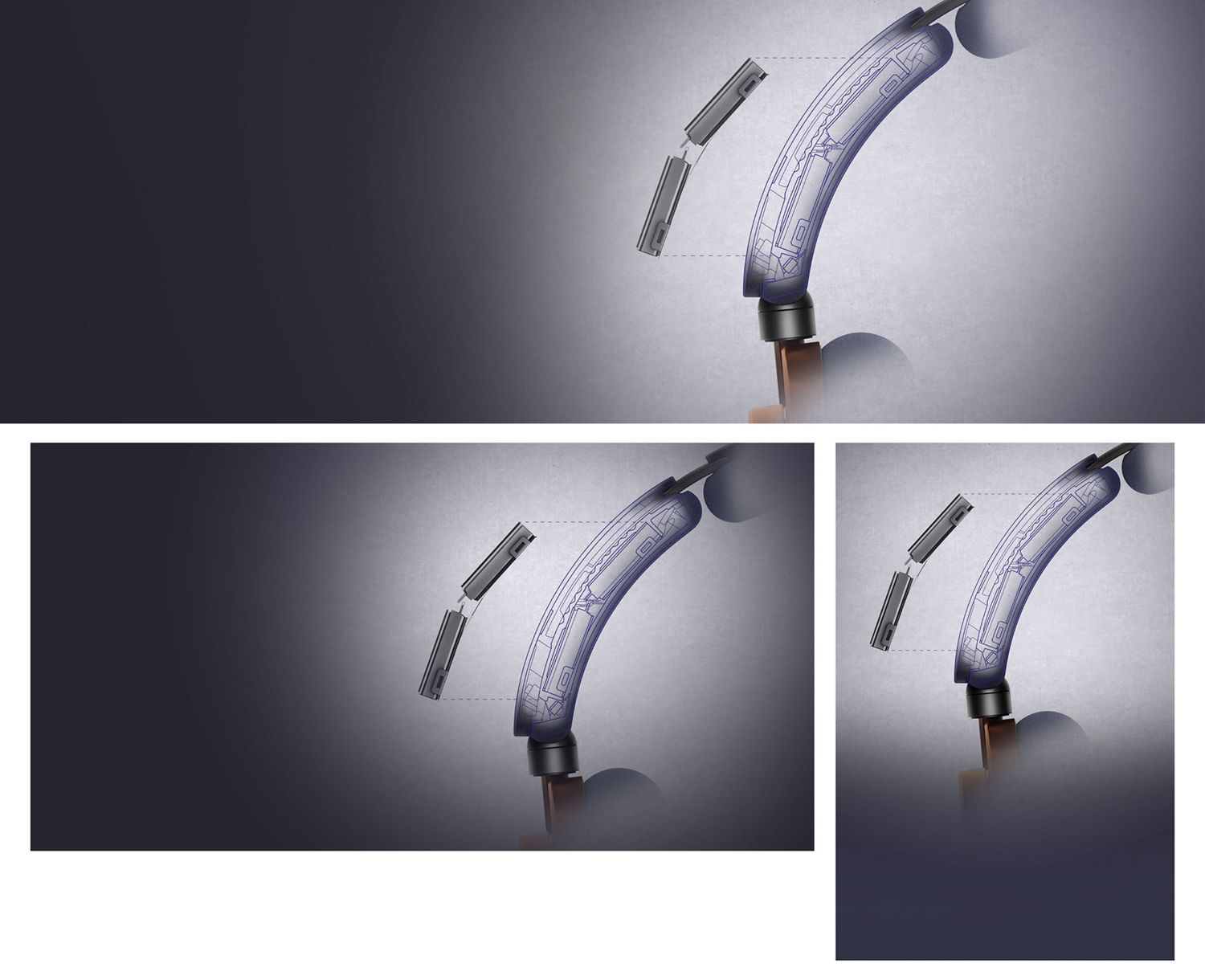 Schéma montrant l’utilisation de l’espace libre en déplaçant les batteries dans le serre-tête.