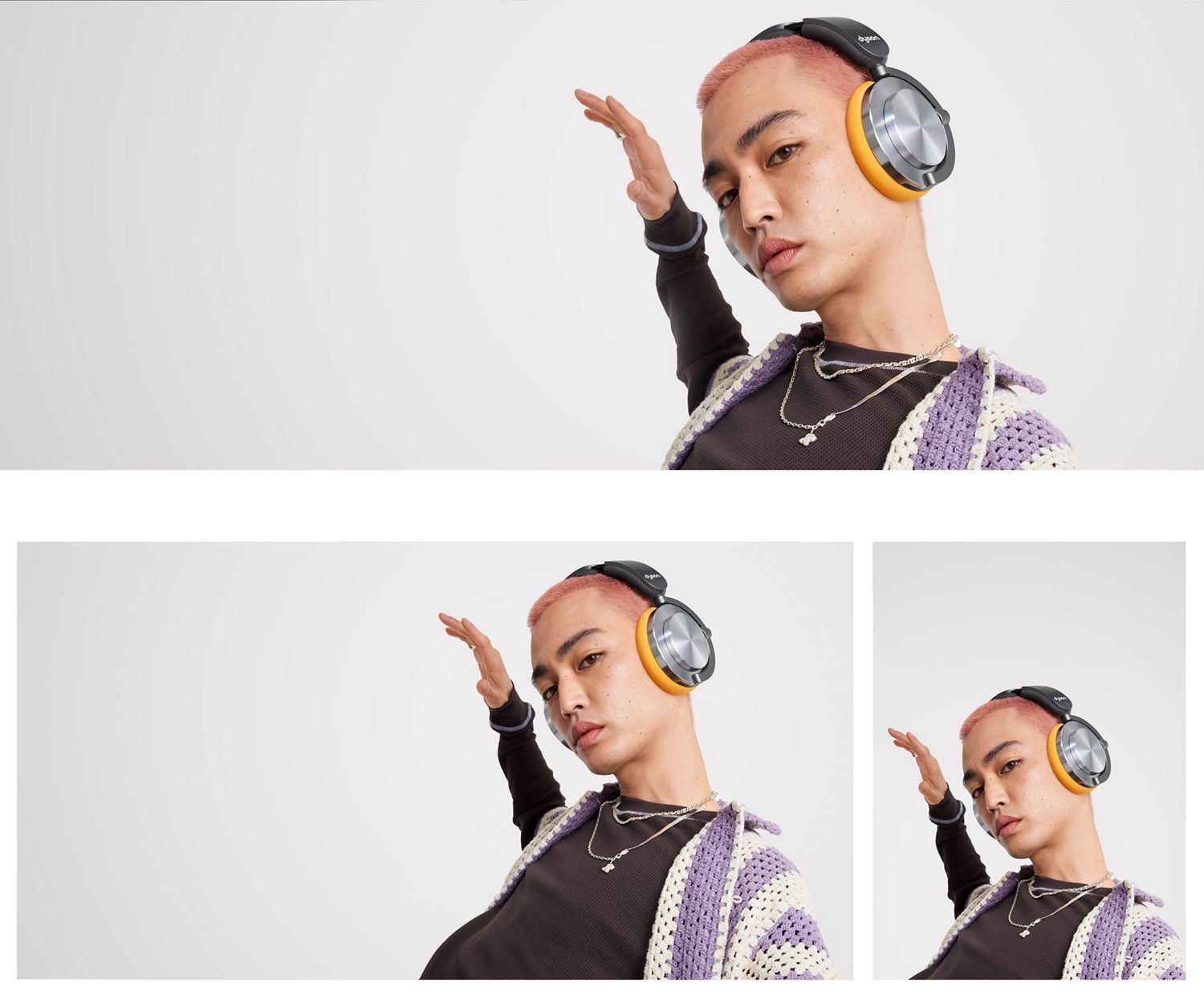 Casque d’écoute Dyson OnTrac avec des coquilles d’écouteur porté par un modèle.