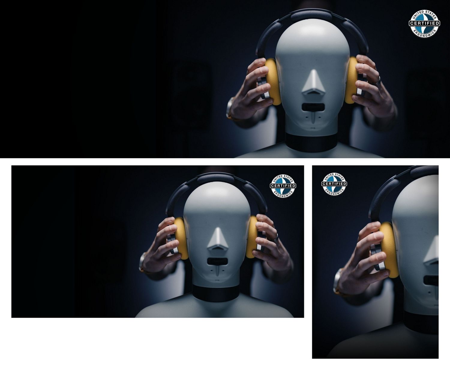 Close-up of the headphones on a mannequin during tests. United States Ergonomics certified graphic.