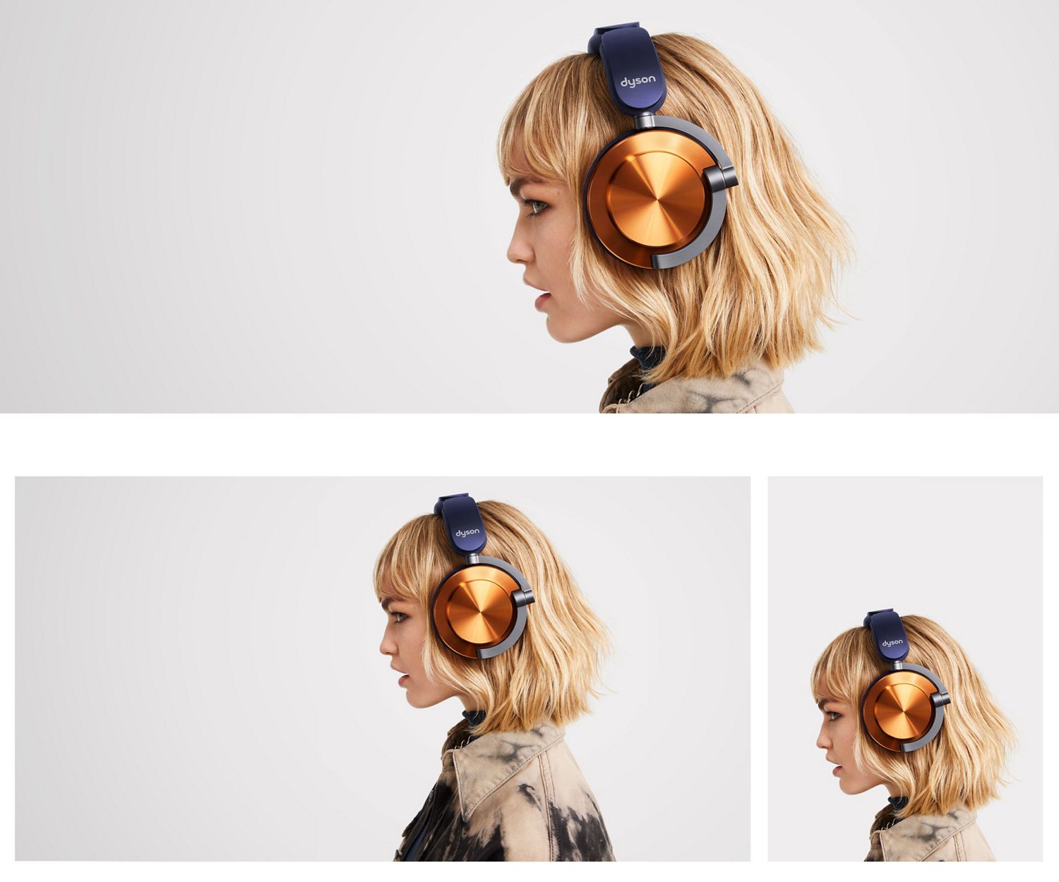 Casque d’écoute Dyson OnTrac avec des coquilles d’écouteur en cuivre CNC porté par un modèle.