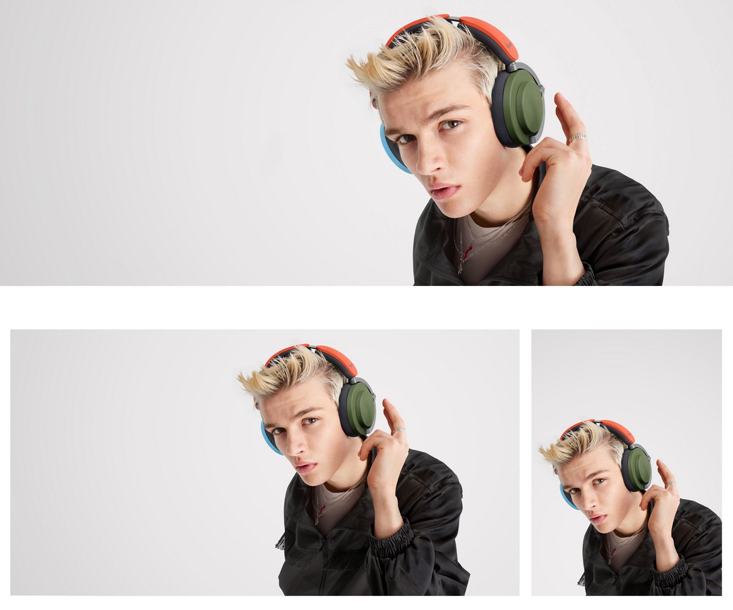 Casque d’écoute Dyson OnTrac avec des coussinets d’écouteur kaki, des coquilles d’écouteur en céramique kaki et des coquilles d’écouteur en céramique bleue avec un modèle sur le point de tapoter le casque pour activer la fonction de suppression du bruit.