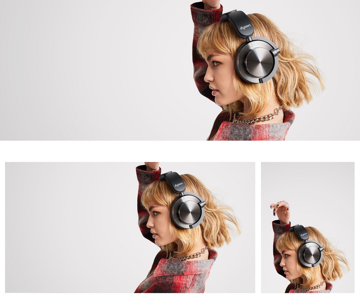 Casque d’écoute Dyson OnTrac avec des coquilles d’écouteur en aluminium CNC porté par un modèle avec sa main sur la tête.