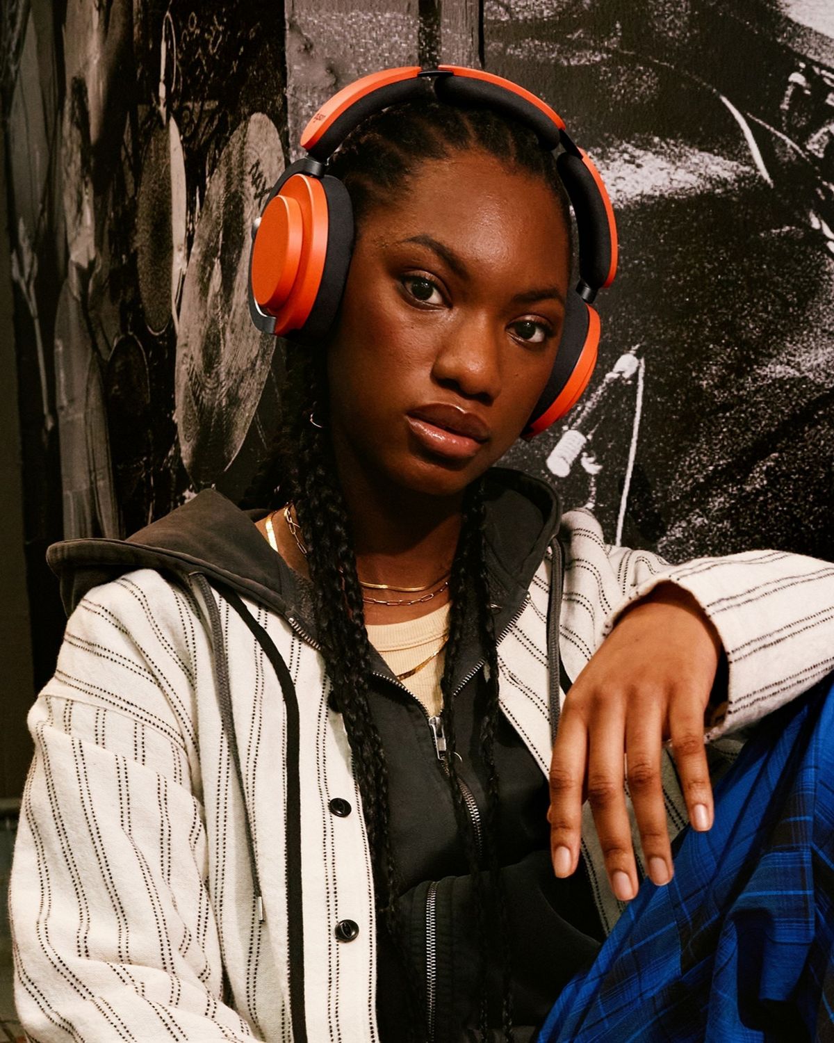Model wearing the Dyson OnTrac headphones.