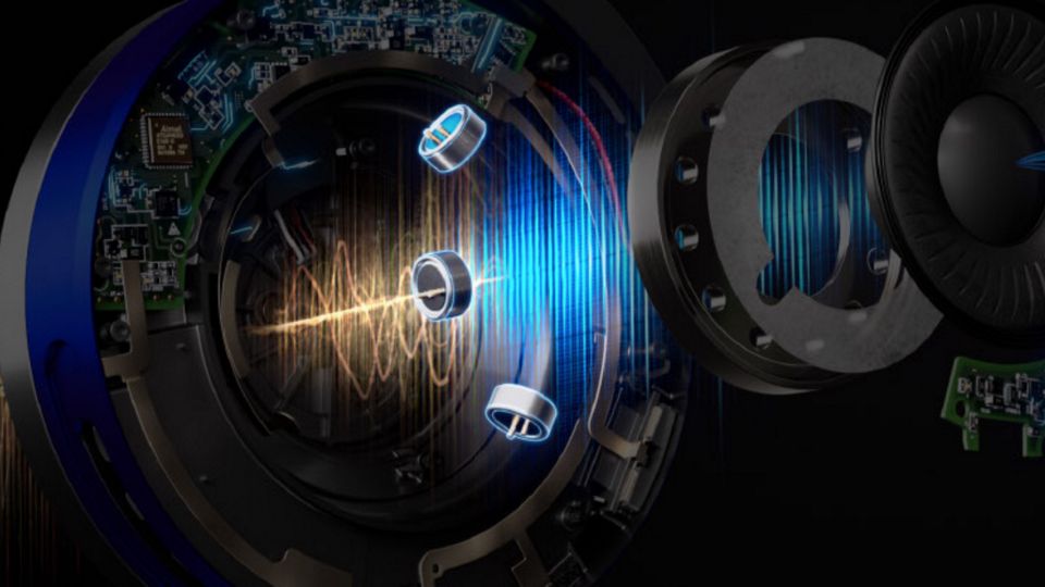 Exploded view shows the noise-cancelling microphones.