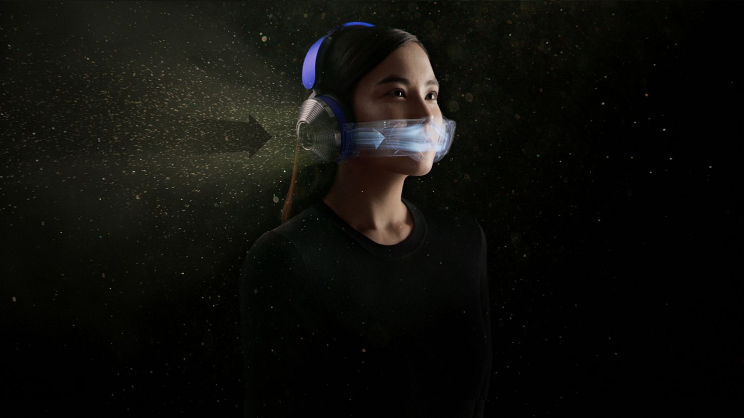 Woman wearing air-purifying headphones