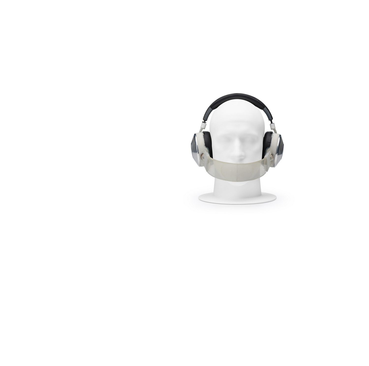 Mannequin head wearing prototype headphones, with band across nose and mouth