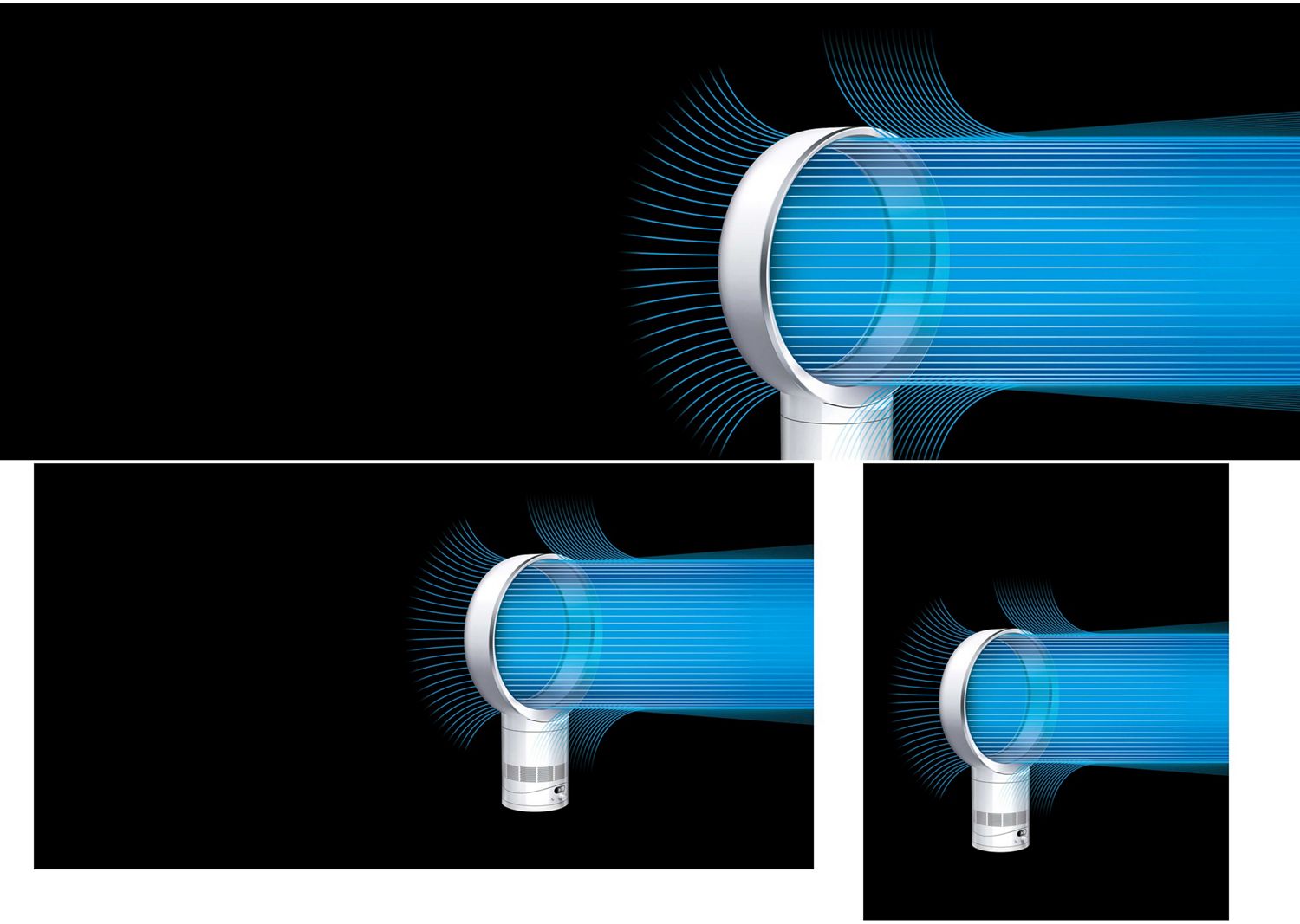 Blue lines represent cool airflow being drawn in, multiplied, and powerfully projected from the Dyson Cool CF1 fan. 