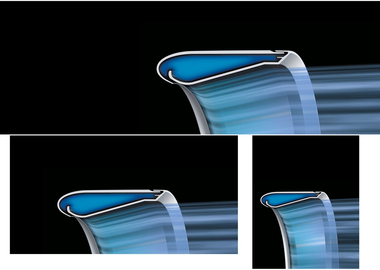 Blue lines represent cool airflow blowing over the surface of the airfoil.