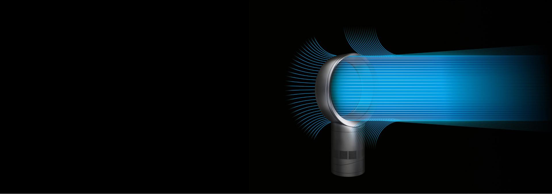 Blue lines represent cool airflow being drawn in, multiplied, and powerfully projected from the Dyson Cool CF1 fan.