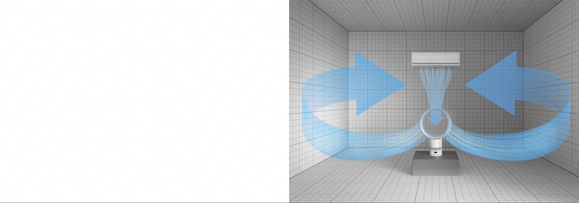 Blue lines represent cool airflow from an air conditioner unit being circulated around the room by the Dyson Cool CF1 fan.