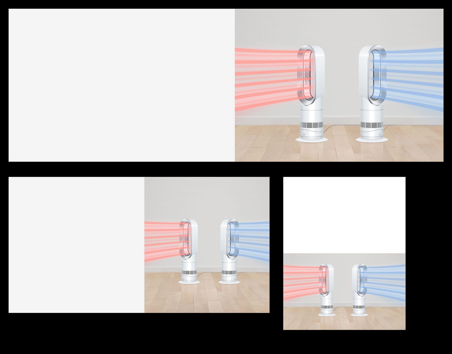 A Dyson heater and a Dyson fan powerfully heating and cooling a room.