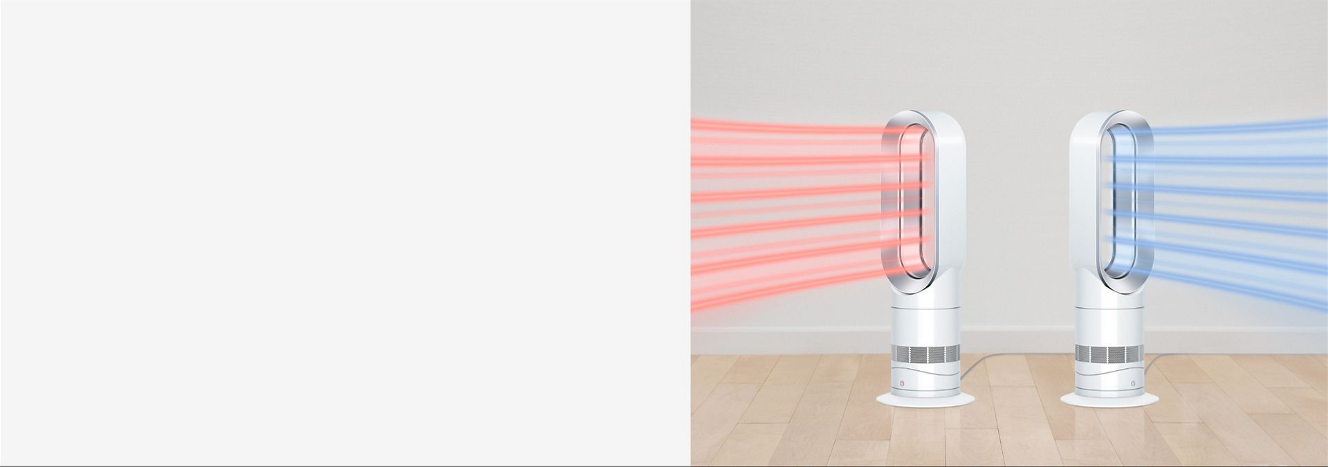 A Dyson heater and a Dyson fan powerfully heating and cooling a room.