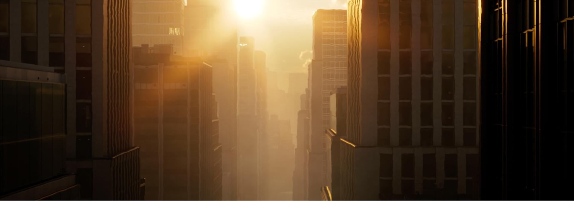 A sun sets over a hot city.