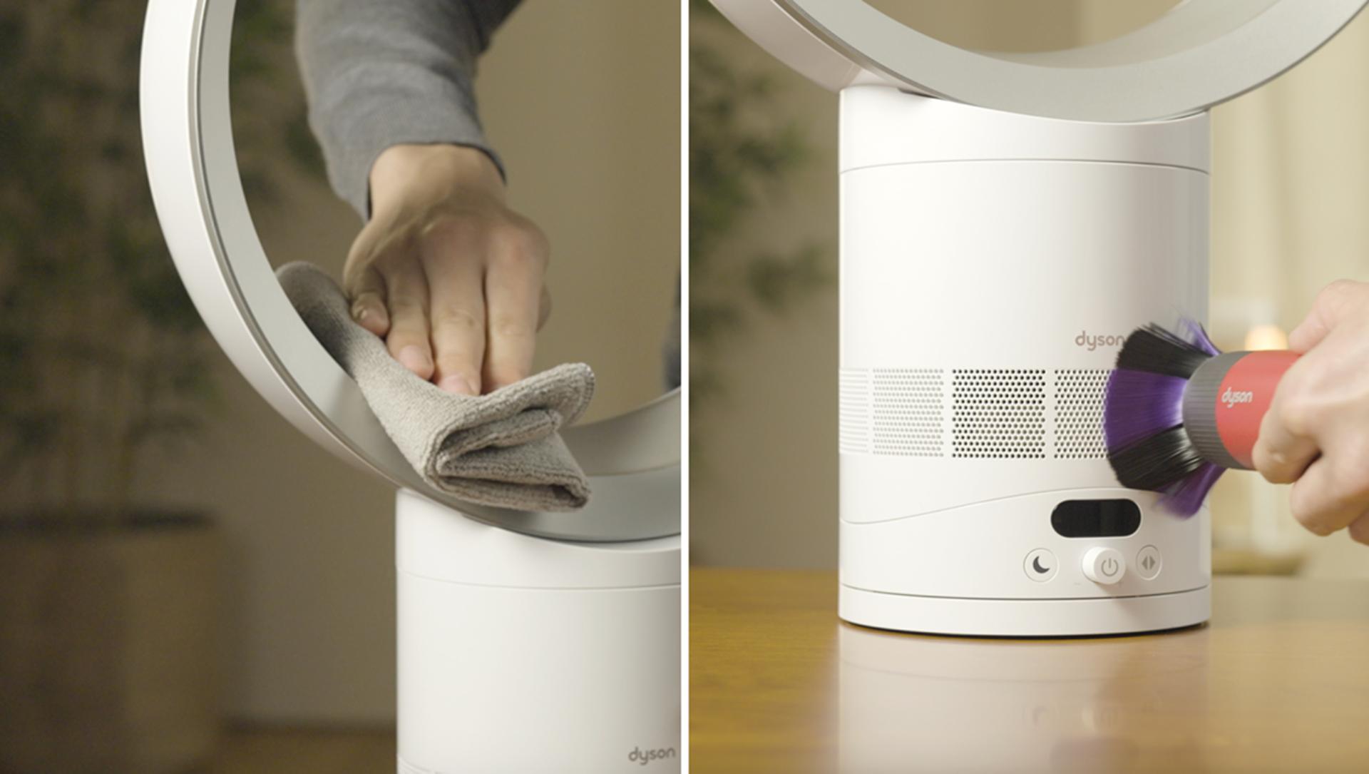 The Dyson Cool CF1 fan is wiped down and cleaned with a cloth and soft brush.