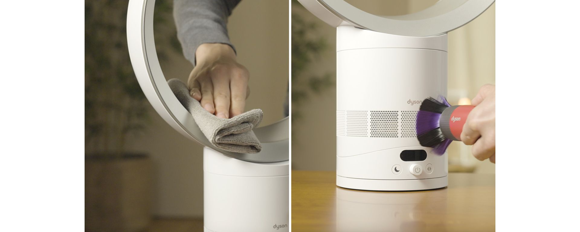 The Dyson Cool CF1 fan is wiped down and cleaned with a cloth and soft brush.