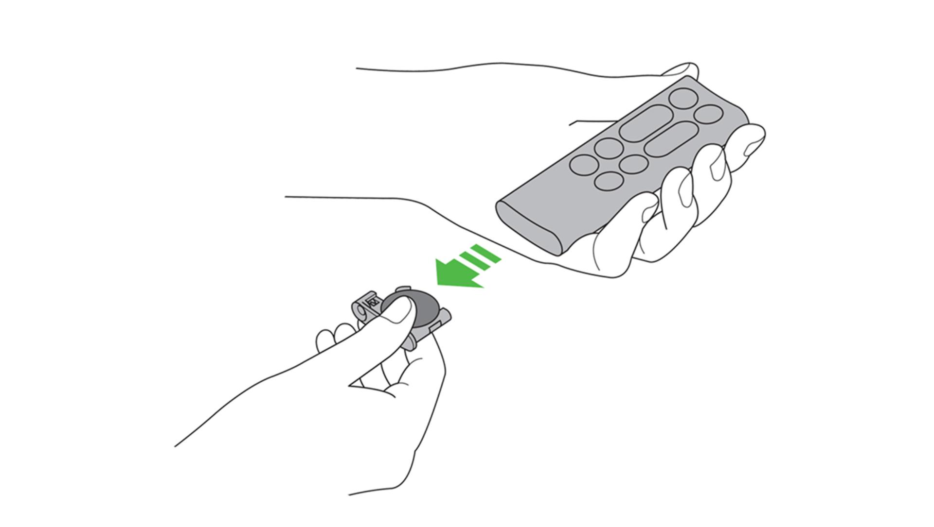 A diagram showing how to remove the battery tray on the remote of the Dyson Cool CF1 fan.
