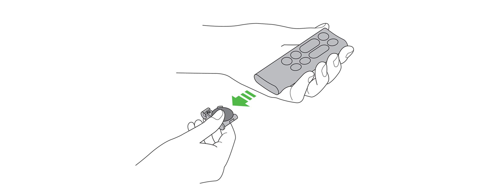 A diagram showing how to remove the battery tray on the remote of the Dyson Cool CF1 fan.