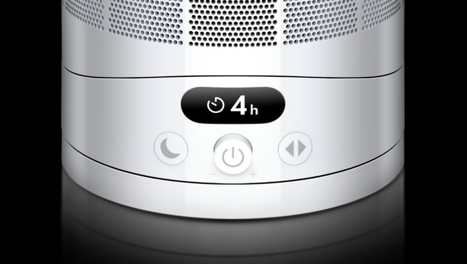 Display des Dyson Cool™ CF1 Ventilators zeigt Zeitschaltuhr-Symbol mit vier Stunden Restzeit.
