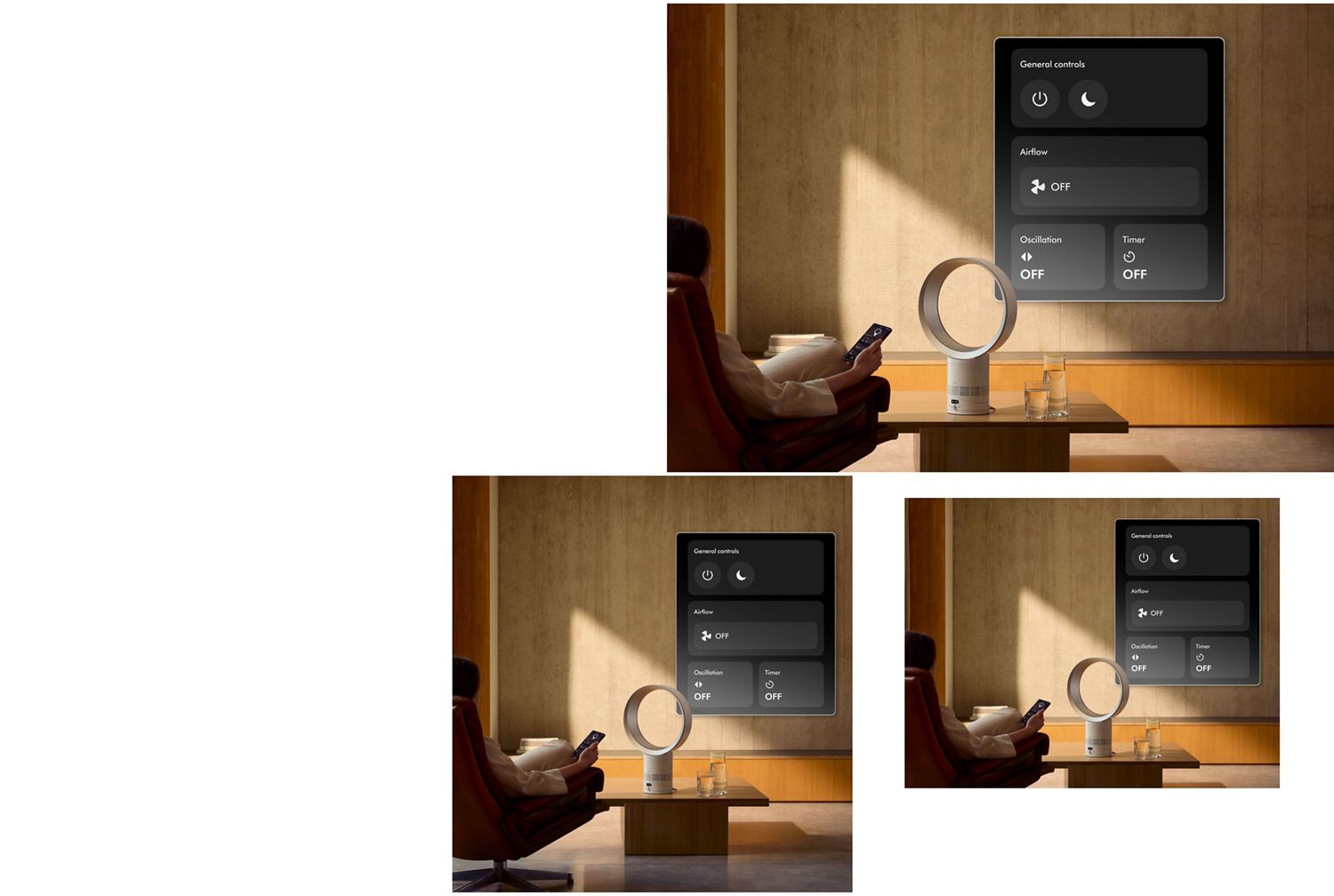 A Dyson purifier in a living room, graphics show the remote control features of the MyDyson app.