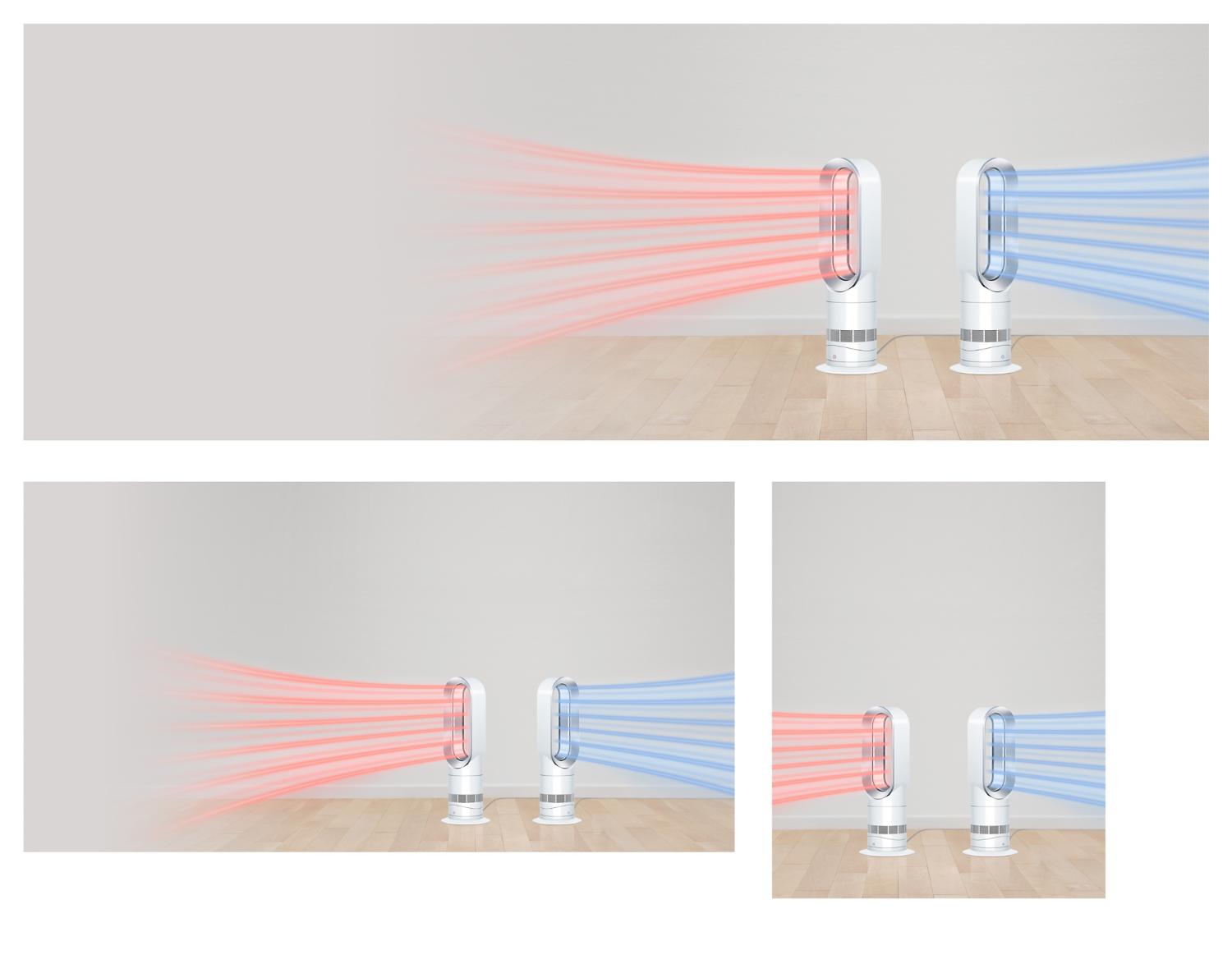 Ein Dyson Heizlüfter und ein Dyson Ventilator verteilen einen effektiven wärmenden und kühlenden Luftstrom im Raum.