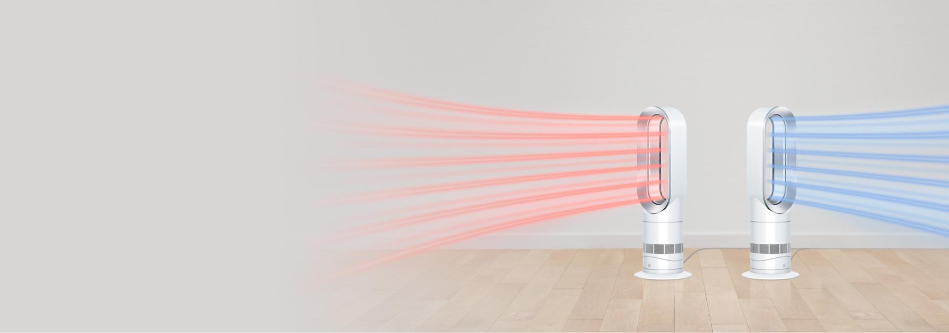 A Dyson heater and a Dyson fan powerfully heating and cooling a room.