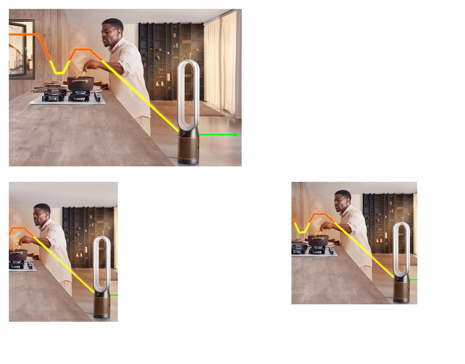 A person cooks in a kitchen while a computer generated line runs from an open window, acrosss the cooking and to a Dyson purifier. It changes from orange to yellow to green as it signifies the improving pollution levels.