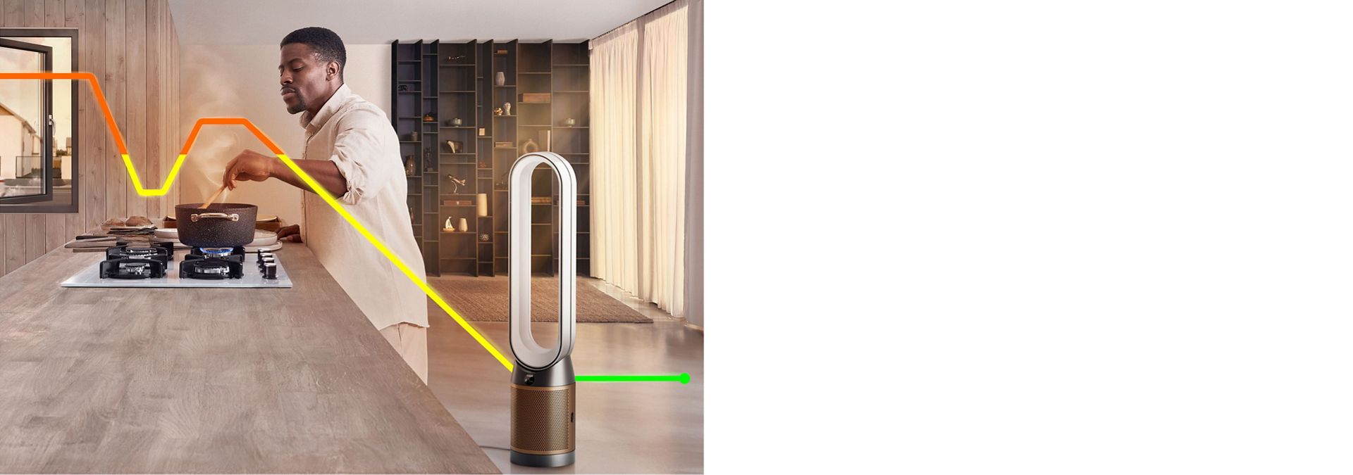 A person cooks in a kitchen while a computer generated line runs from an open window, acrosss the cooking and to a Dyson purifier. It changes from orange to yellow to green as it signifies the improving pollution levels.