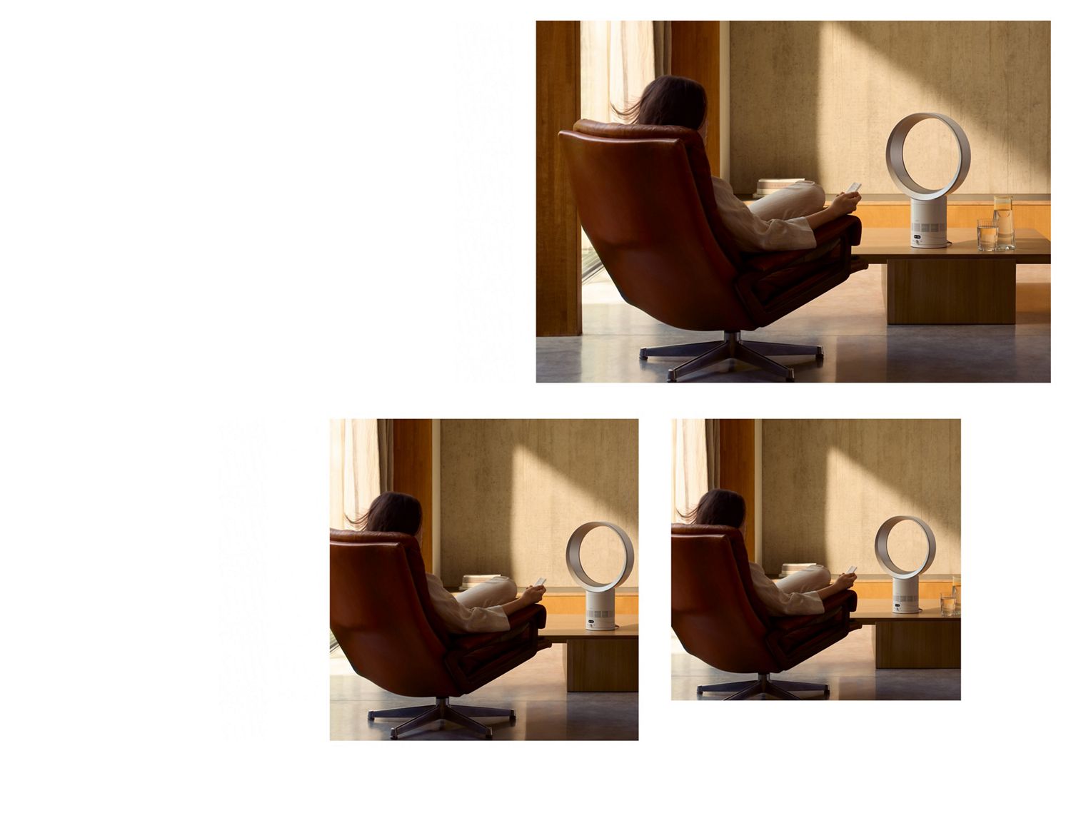 The Dyson Cool CF1 fan delivering a cool breeze to a person relaxing in a chair.