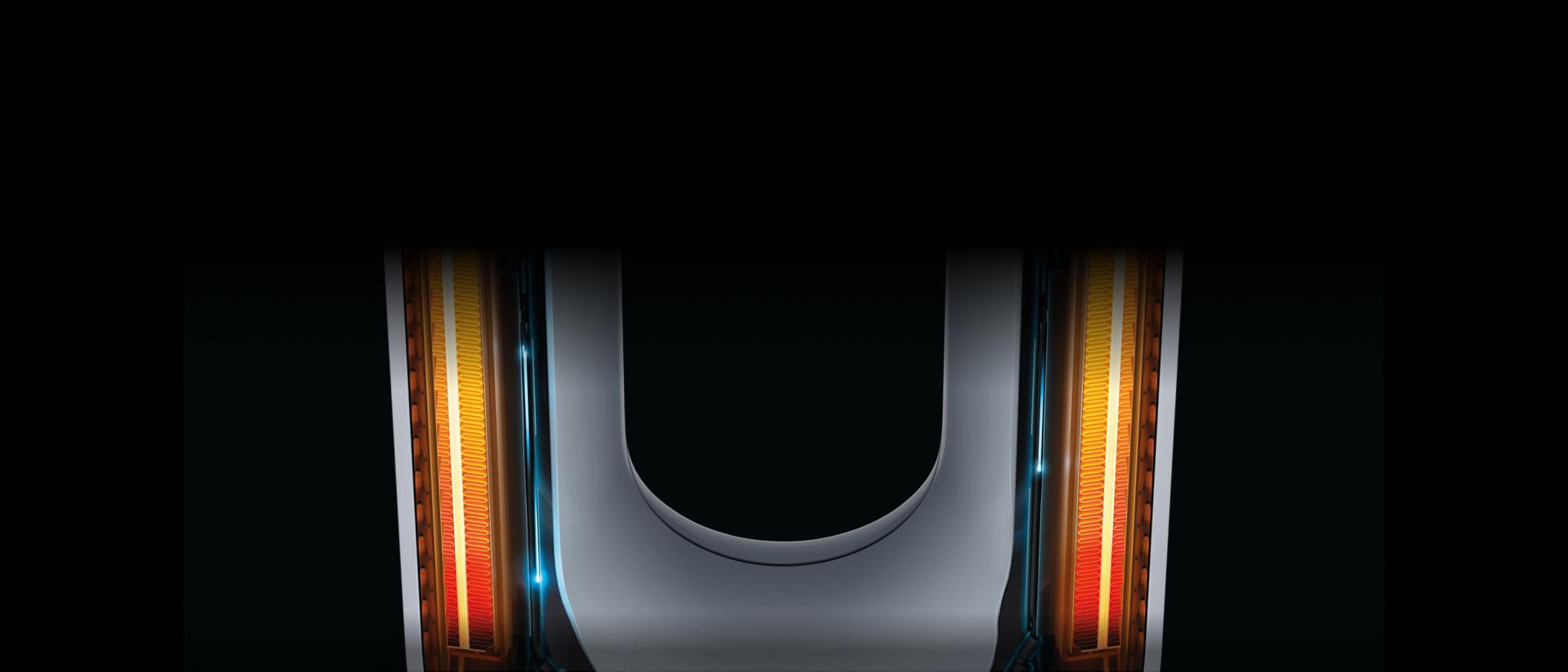 Cutaway showing the ceramic heater plates inside the Dyson Hot+Cool HF1 Remote Link Pre-heat heater and cooling fan.