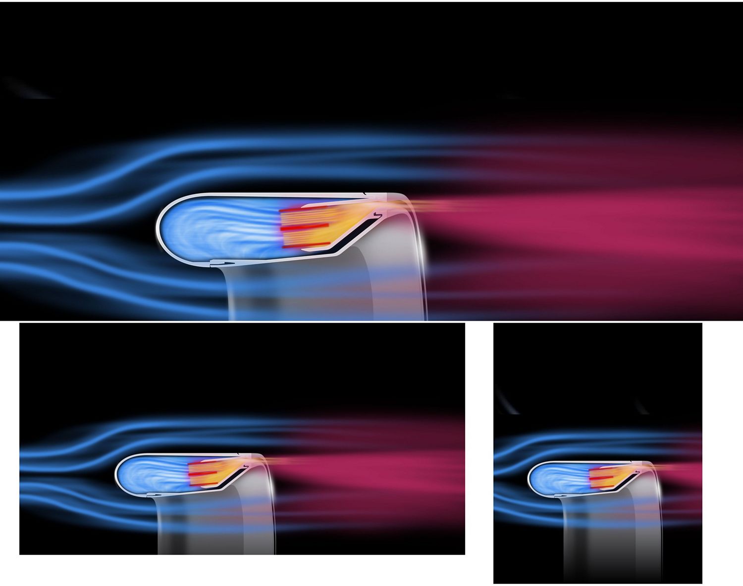 Cutaway showing the heated airflow through the Airfoil shaped ramp of the Dyson Hot+Cool HF1 Remote Link Pre-heat fan heater.