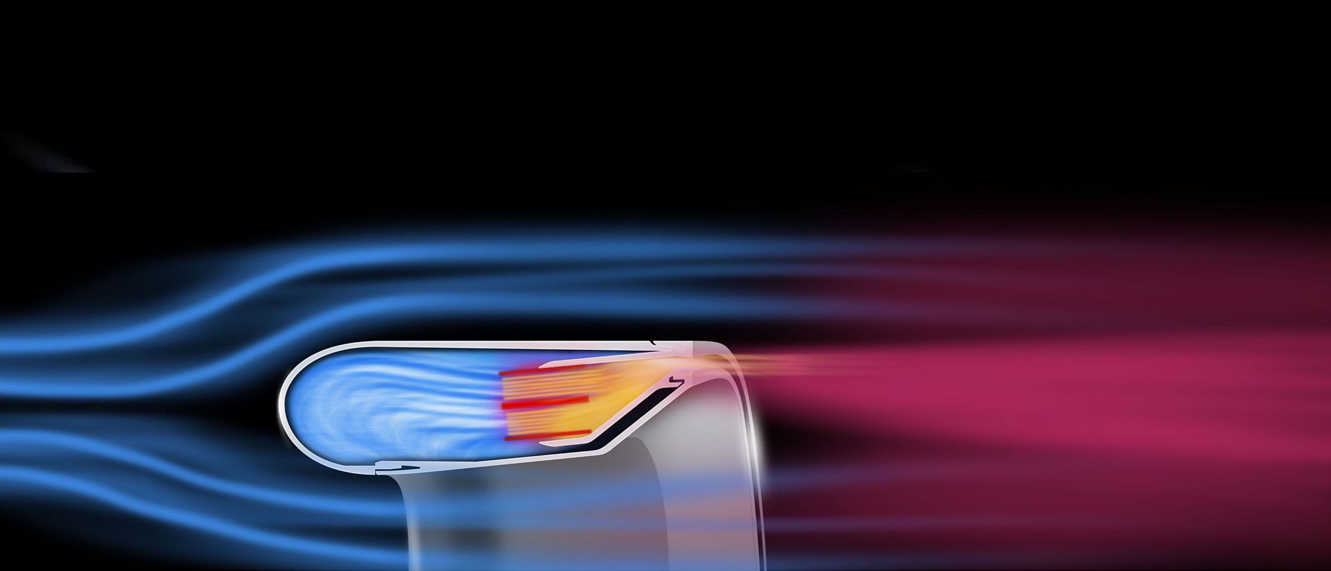 Cutaway showing the heated airflow through the Airfoil shaped ramp of the Dyson Hot+Cool HF1 Remote Link Pre-heat fan heater.