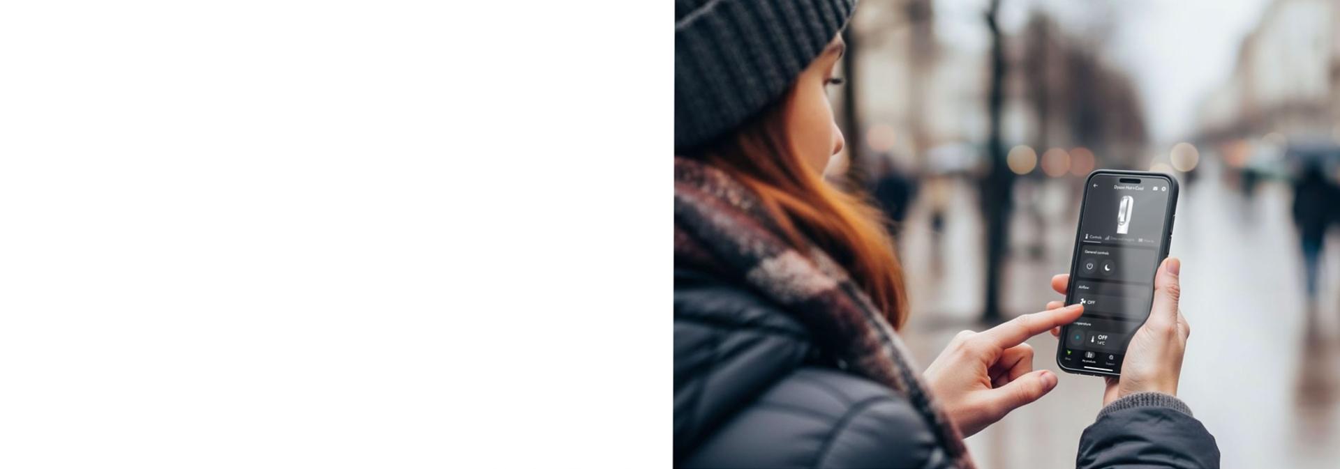 „Dyson Hot+Cool HF1 Remote Link“ šildytuvo ir aušinimo ventiliatoriaus temperatūra valdoma nuotoliniu būdu naudojant „MyDyson“ programėlę.