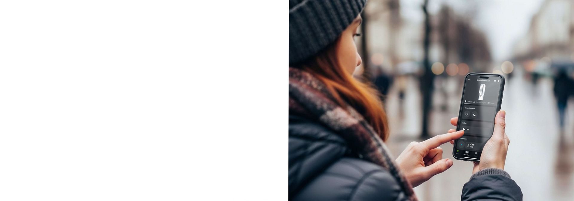 „Dyson Hot+Cool HF1 Remote Link“ šildytuvo ir aušinimo ventiliatoriaus temperatūra valdoma nuotoliniu būdu naudojant „MyDyson“ programėlę.