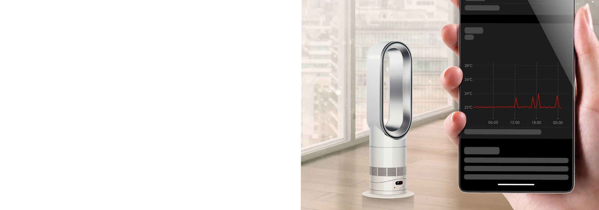 „Dyson Hot+Cool HF1“ nuotolinio valdymo šildytuvo su išankstinio šildymo funkcija ir ventiliatoriaus termostatas „MyDyson“ programėlėje.