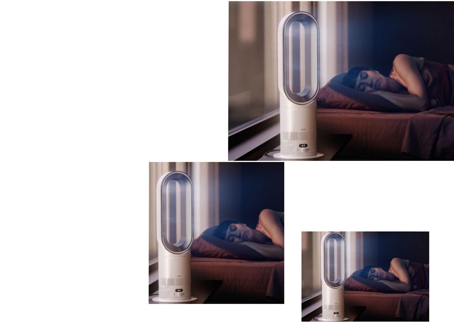 The Dyson Hot+Cool HF1 Remote Link Pre-heat heater and cooling fan operates quietly in a bedroom near a sleeping person.