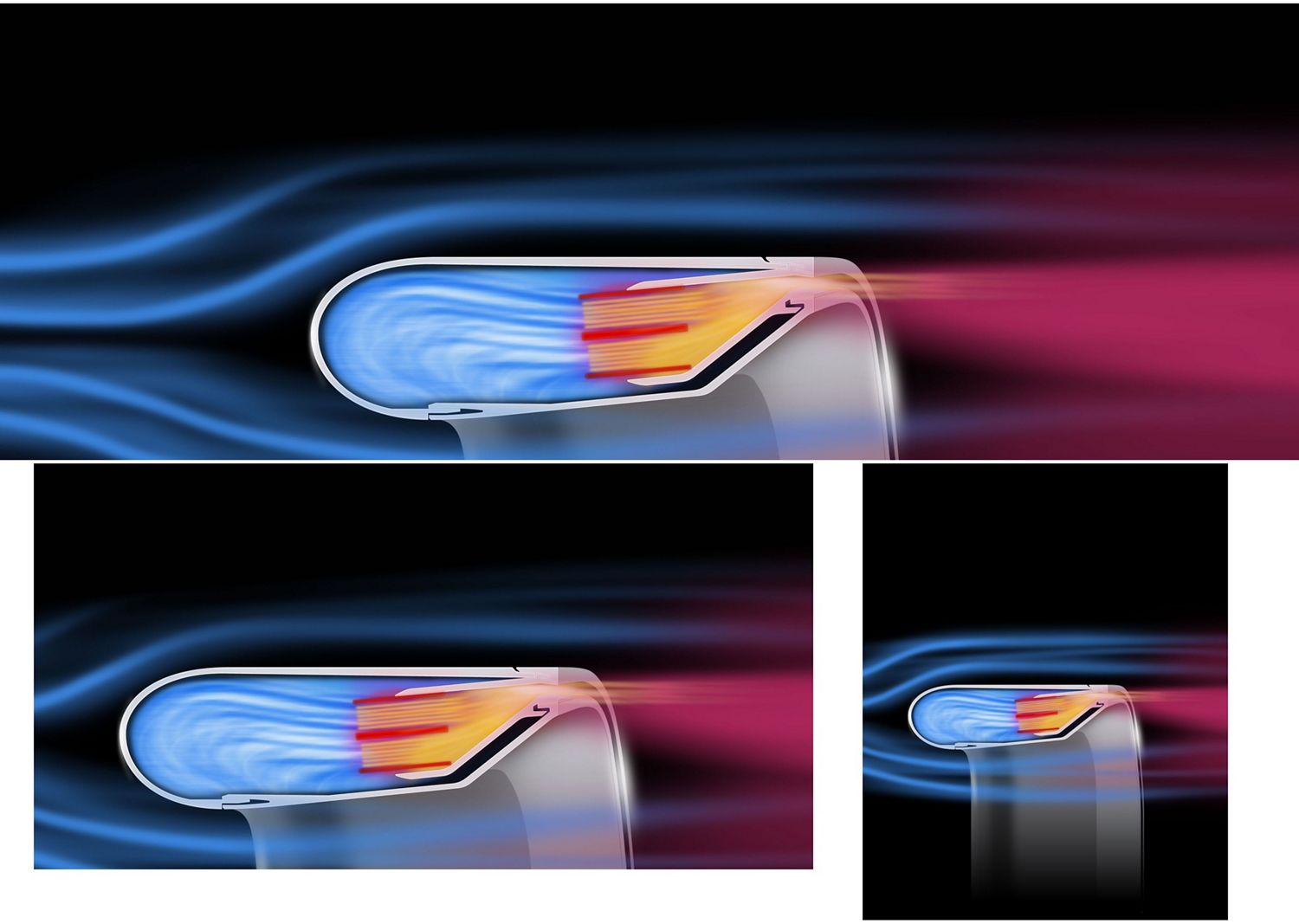 Cutaway showing the heated airflow through the Airfoil shaped ramp of the Dyson Hot+Cool HF1 Remote Link Pre-heat fan heater.