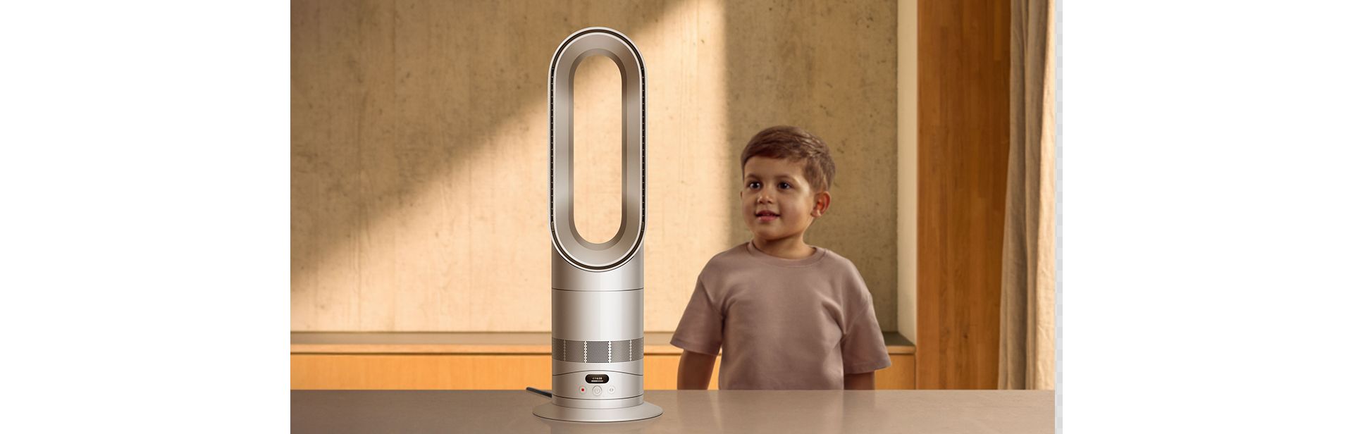 The Dyson Hot+Cool HF1 Remote Link Pre-heat heater and cooling fan next to a small child.