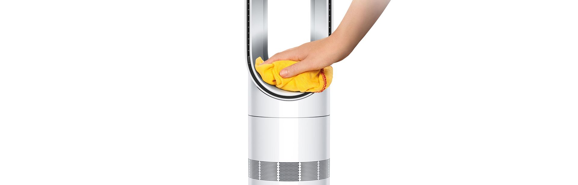 The Dyson Hot+Cool HF1 Remote Link Pre-heat heater and cooling fan is wiped with a cloth.