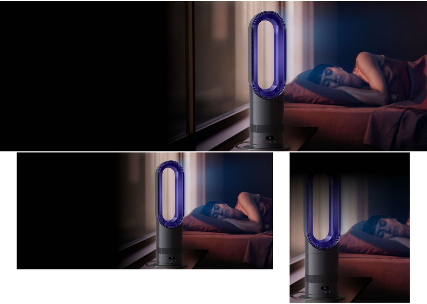 The Dyson Hot+Cool HF1 Rapid React heater and cooling fan operates quietly in a bedroom near a sleeping person.