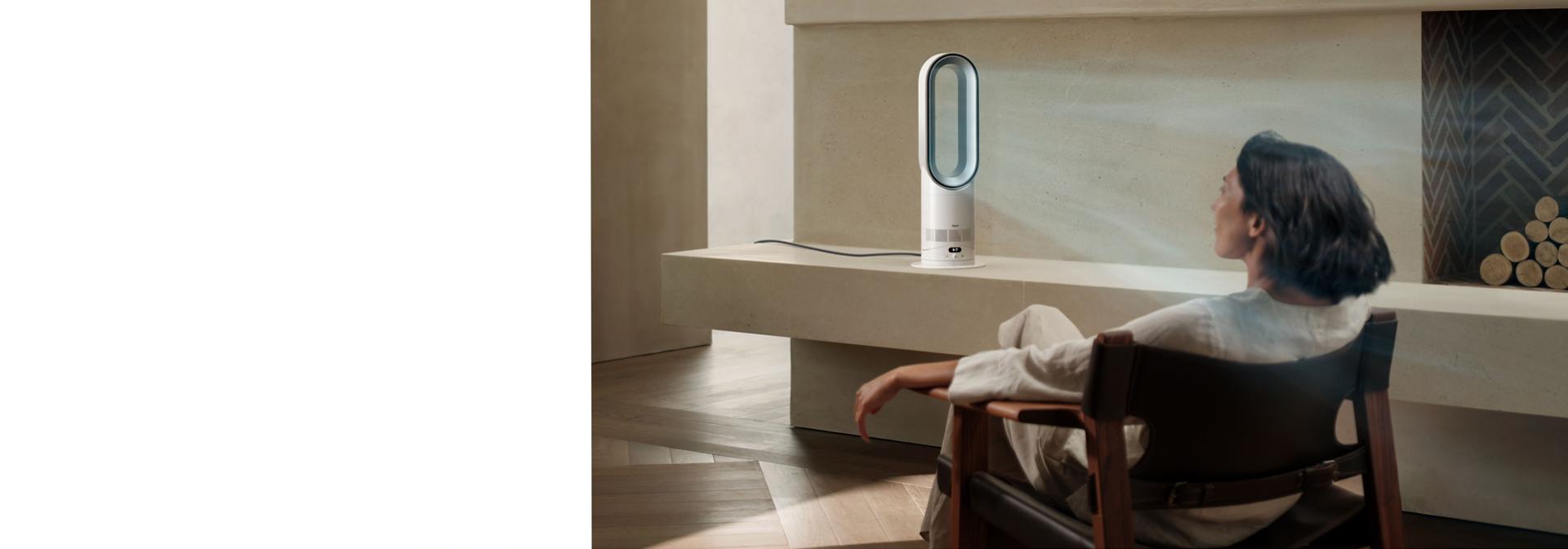The Dyson Hot+Cool HF1 Remote Link Pre-heat heater and cooling fan cools a room with powerful airflow.