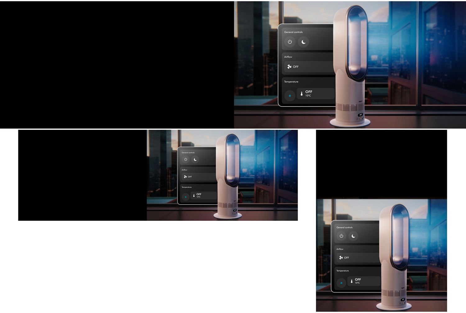 A Dyson purifier in a living room, graphics show the remote control features of the MyDyson app.