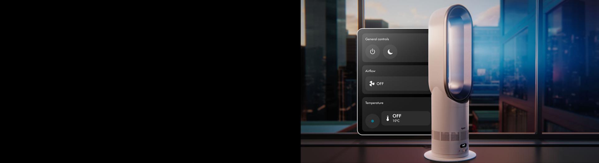 A Dyson purifier in a living room, graphics show the remote control features of the MyDyson app.