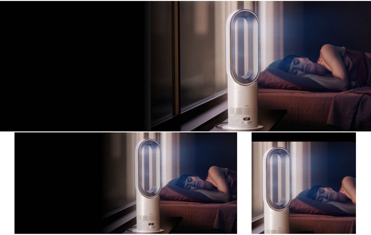 The Dyson Hot+Cool HF1 Remote Link Pre-heat heater and cooling fan operates quietly in a bedroom near a sleeping person.
