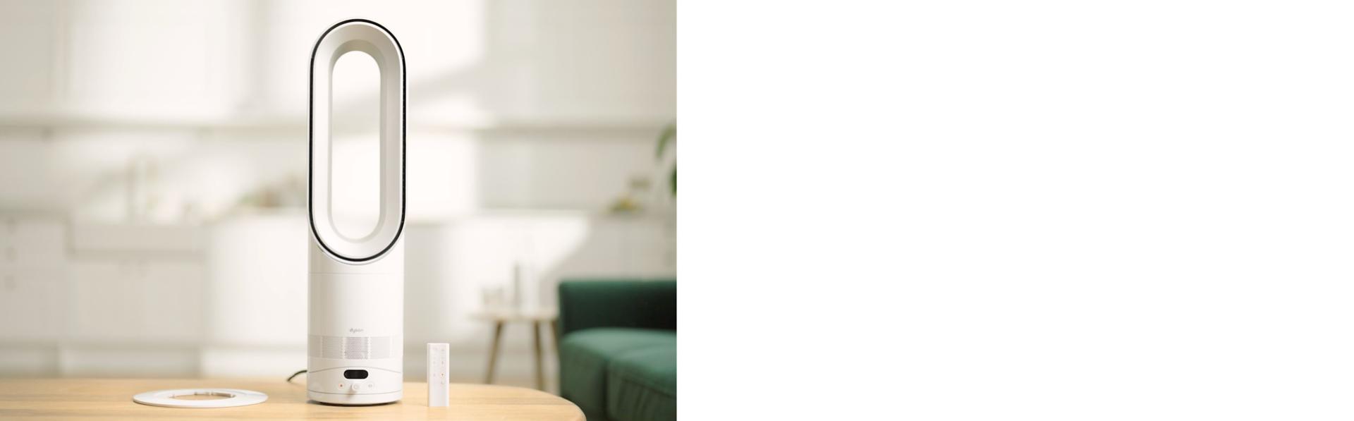 Dyson Hot+Cool™ HF1 Remote Link Pre-heat heater and cooling fan on a desk.